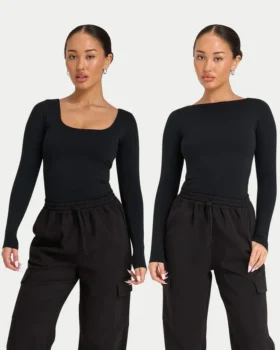 Damen-Basics: Dual-Wear-Langarm-Oberteil – schwarz