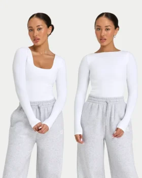 Damen-Basics: Dual-Wear-Langarm-Oberteil – Weiß