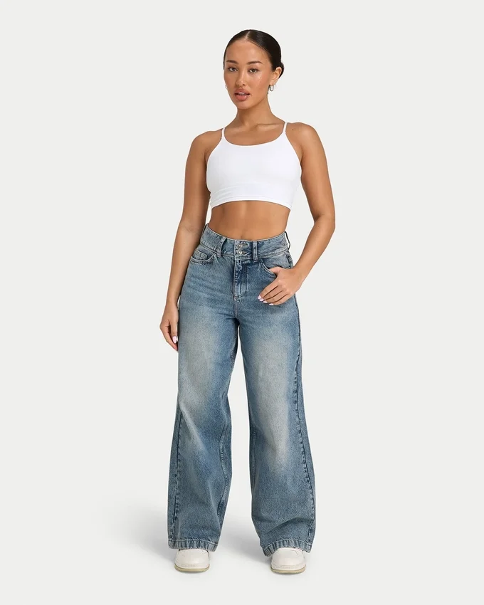 Damen-Denim-Jeans mit weitem Bein – Mid-Wash Damen-Denim-Jeans mit weitem Bein – Mid-Wash
