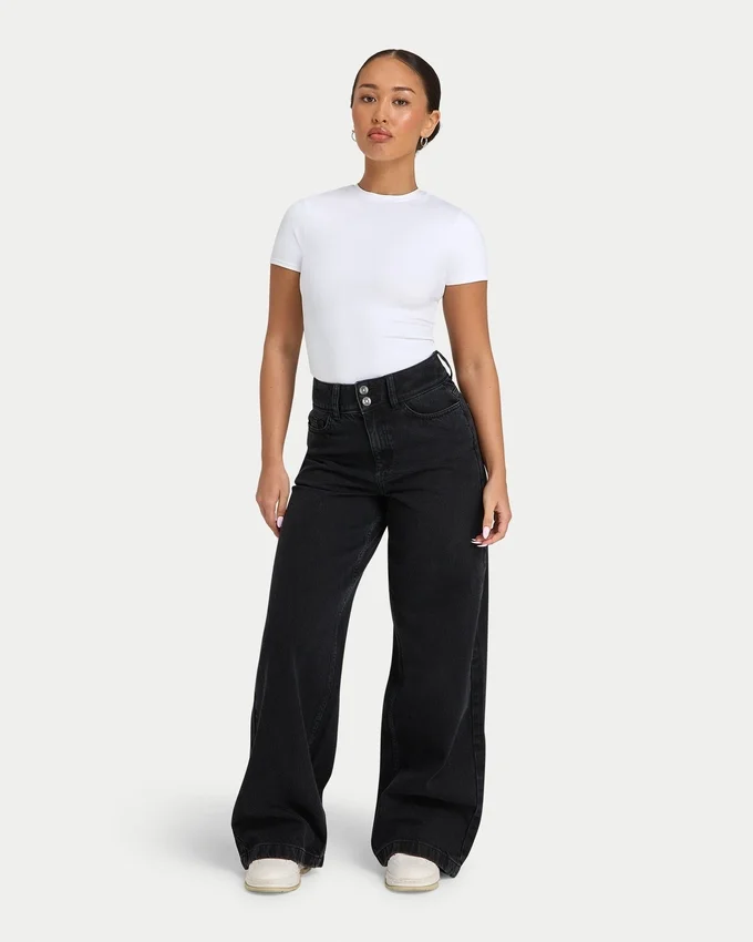 Damen-Denim-Jeans mit weitem Bein – schwarz Damen-Denim-Jeans mit weitem Bein – schwarz