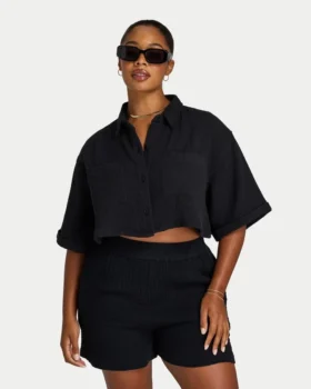 Damen-Resort-Crop-Shirt – schwarz