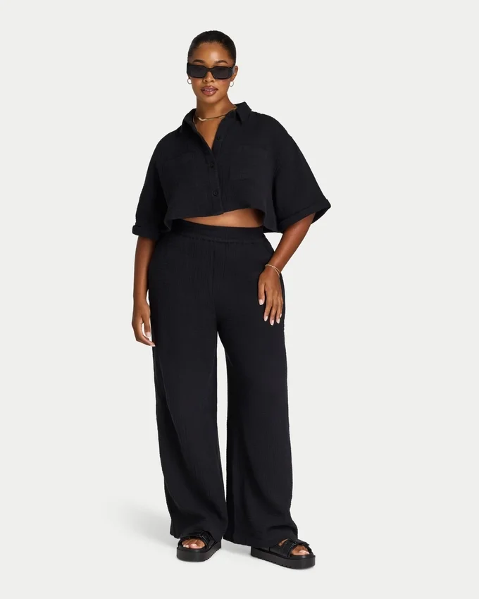Damen-Resort-Crop-Shirt – schwarz Damen-Resort-Crop-Shirt – schwarz