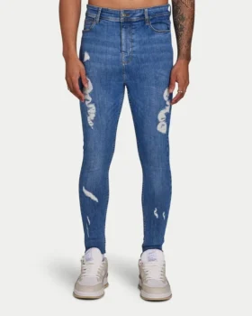 Herren-Spray-On-Jeans mit Rissen – Mittelblau