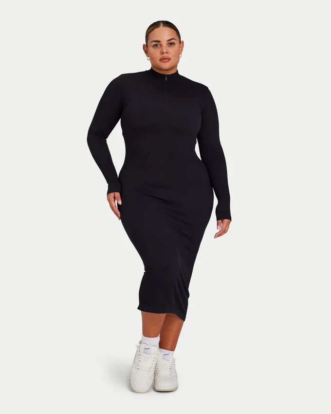 Langärmliges Midi-Kleid für Damen – schwarz Langärmliges Midi-Kleid für Damen – schwarz