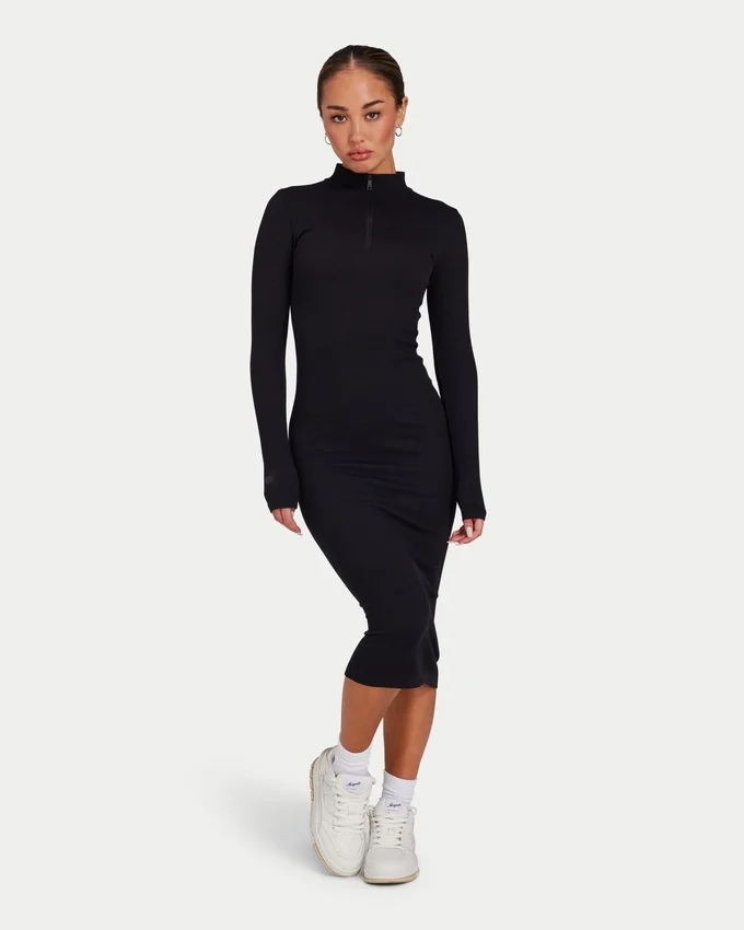 Langärmliges Midi-Kleid für Damen – schwarz Langärmliges Midi-Kleid für Damen – schwarz